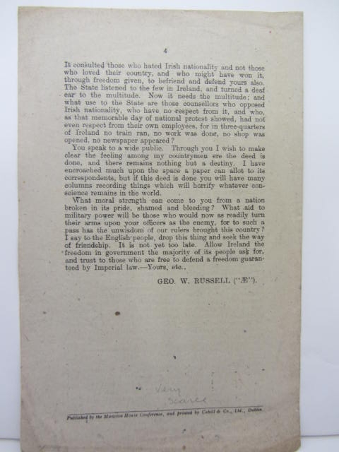 Conscription for Ireland. A Warning to England. The scarcest of AE's celebrated open letters (1919) - Image 3