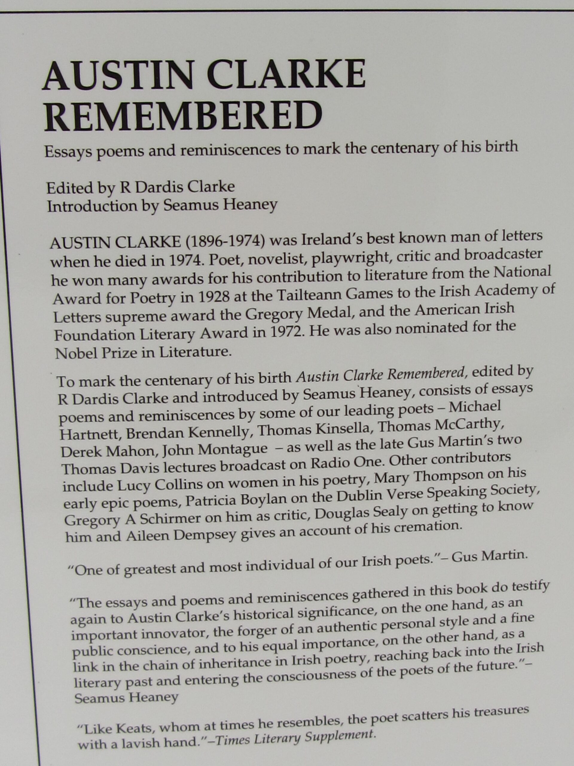 Austin Clarke Remembered. Limited Edition of 10 Copies (1996) - Image 6
