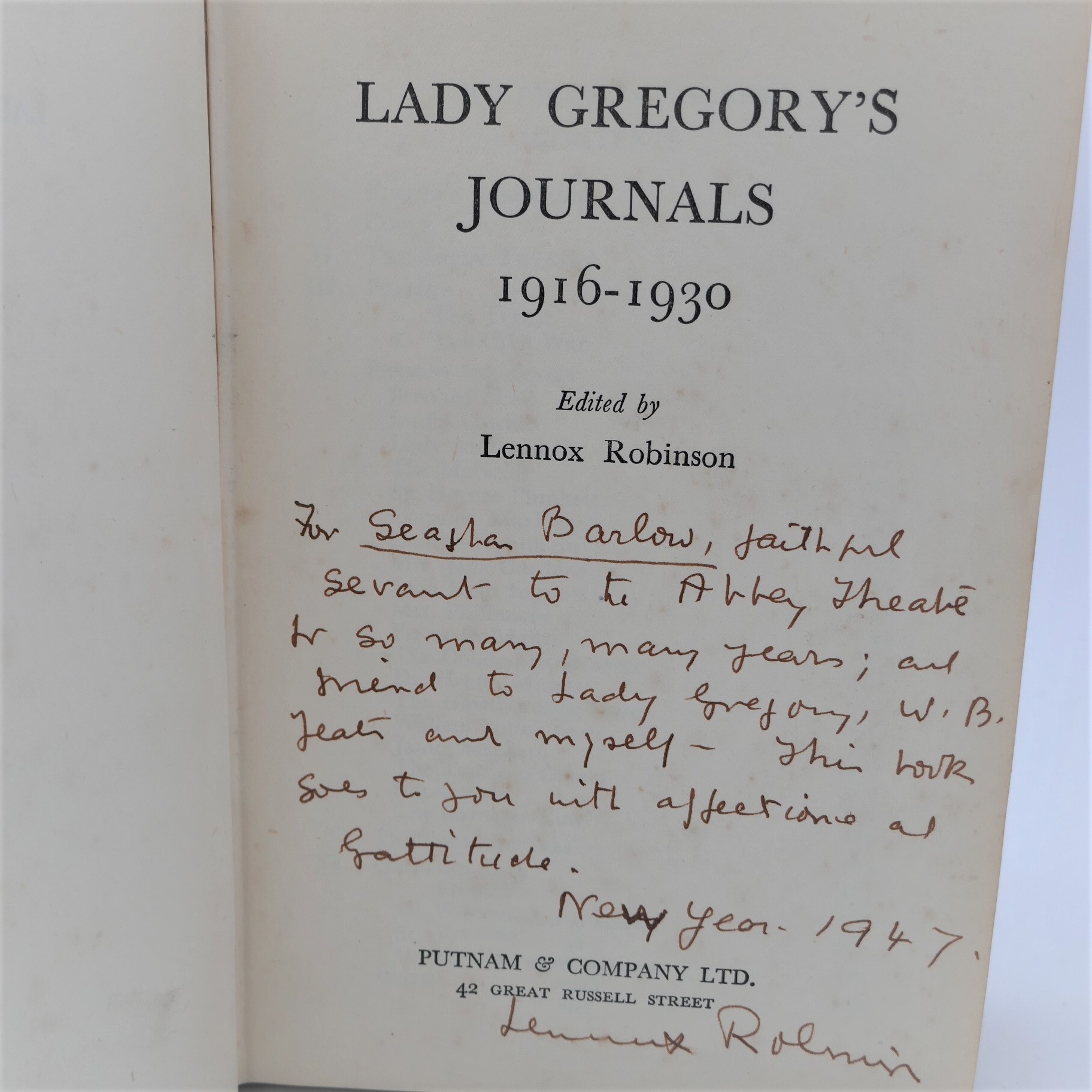 Lady Gregory's Journals 1916-1930. Inscribed Copy (1946) - Image 2
