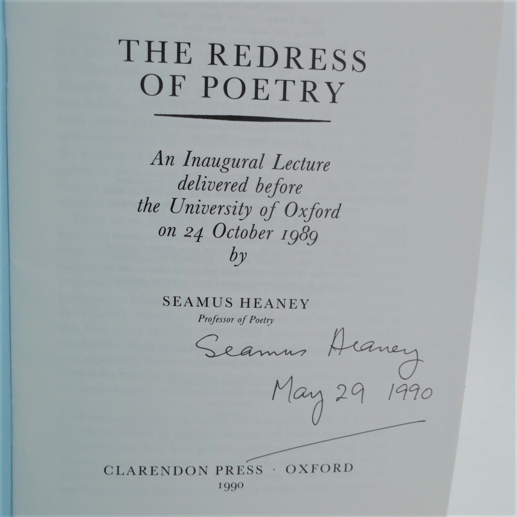 The Redress of Poetry. Signed Copy (1989) - Image 2