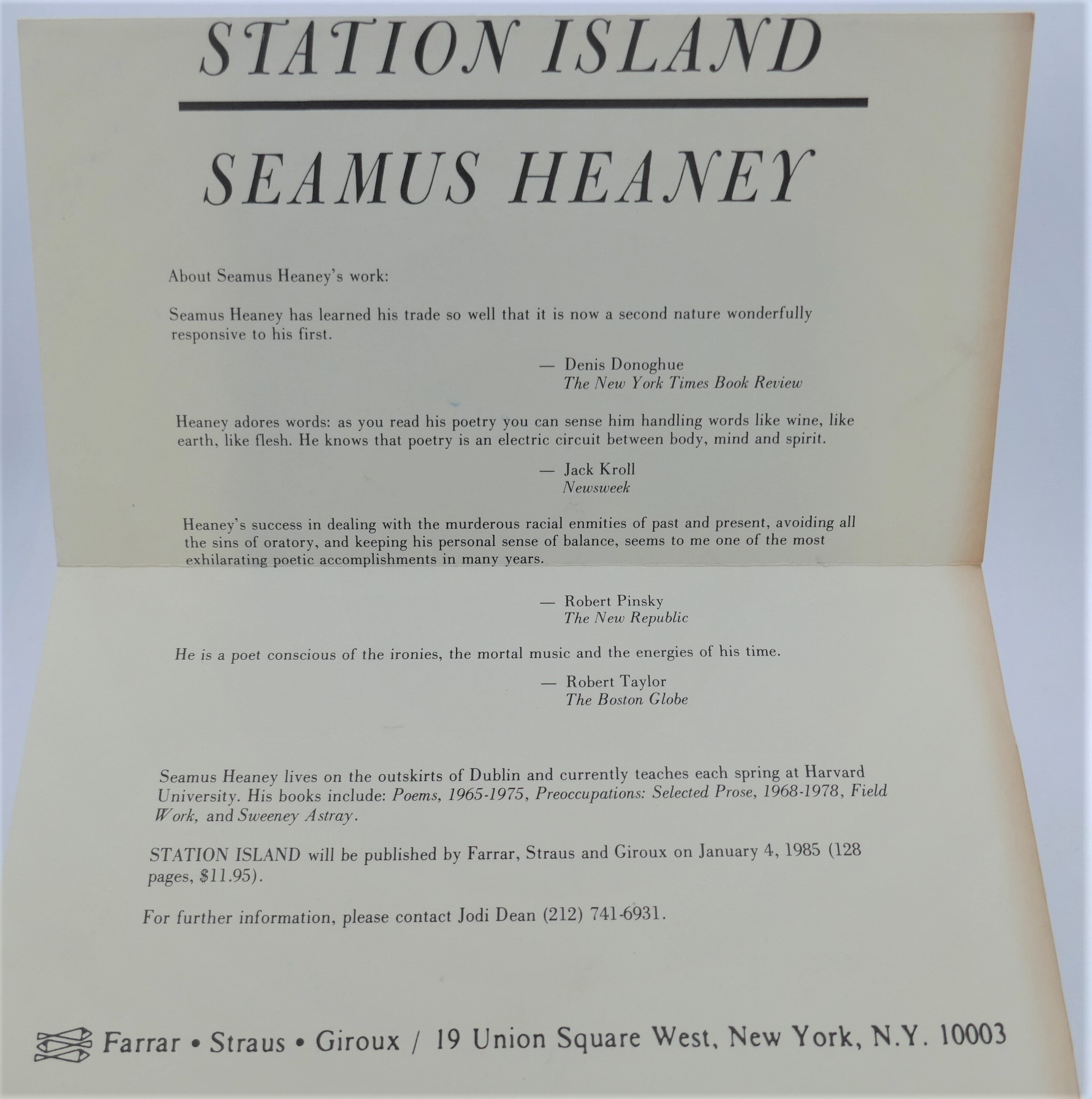 Station Island. With Inscribed Card to Reviewer (1985) - Image 4
