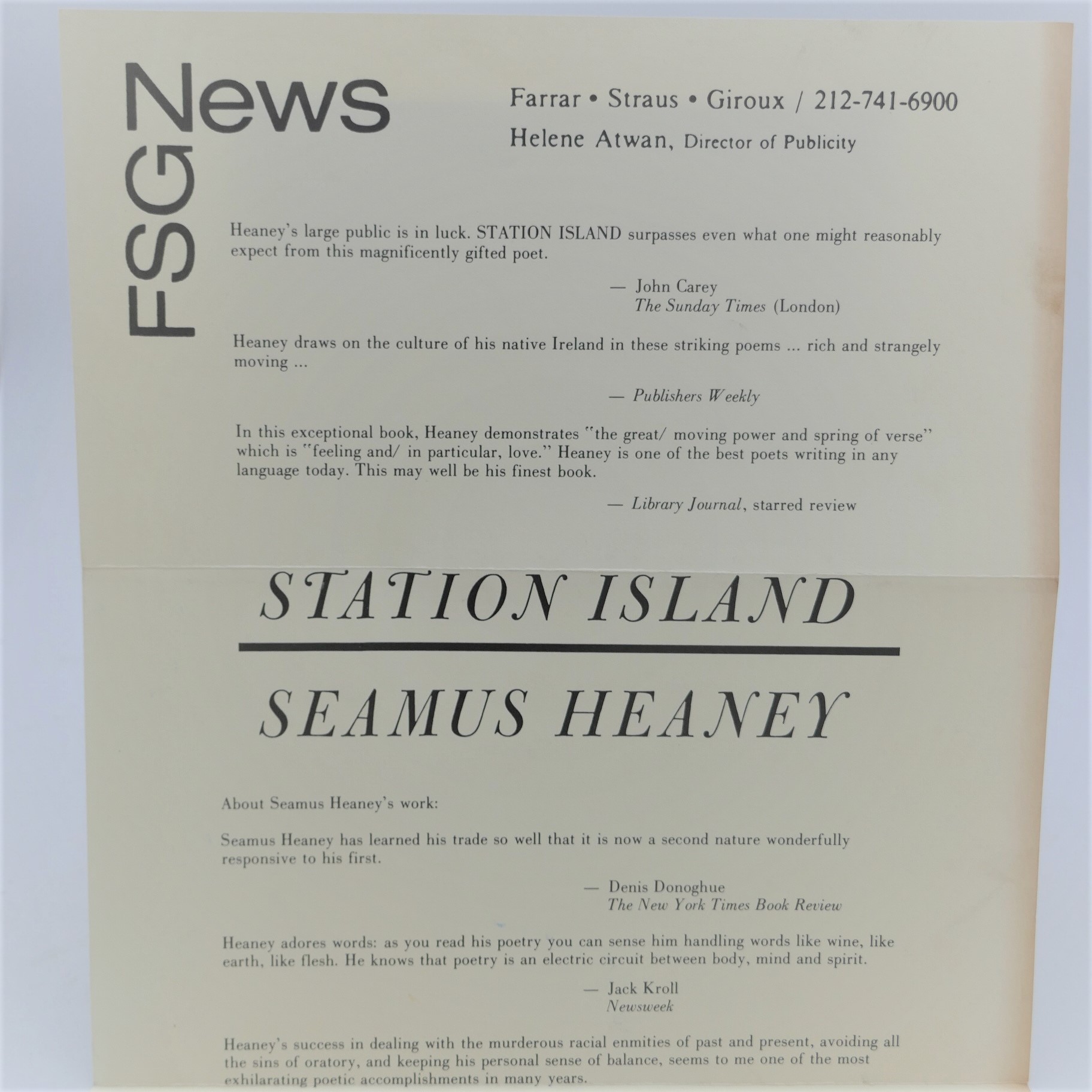 Station Island. With Inscribed Card to Reviewer (1985) - Image 5