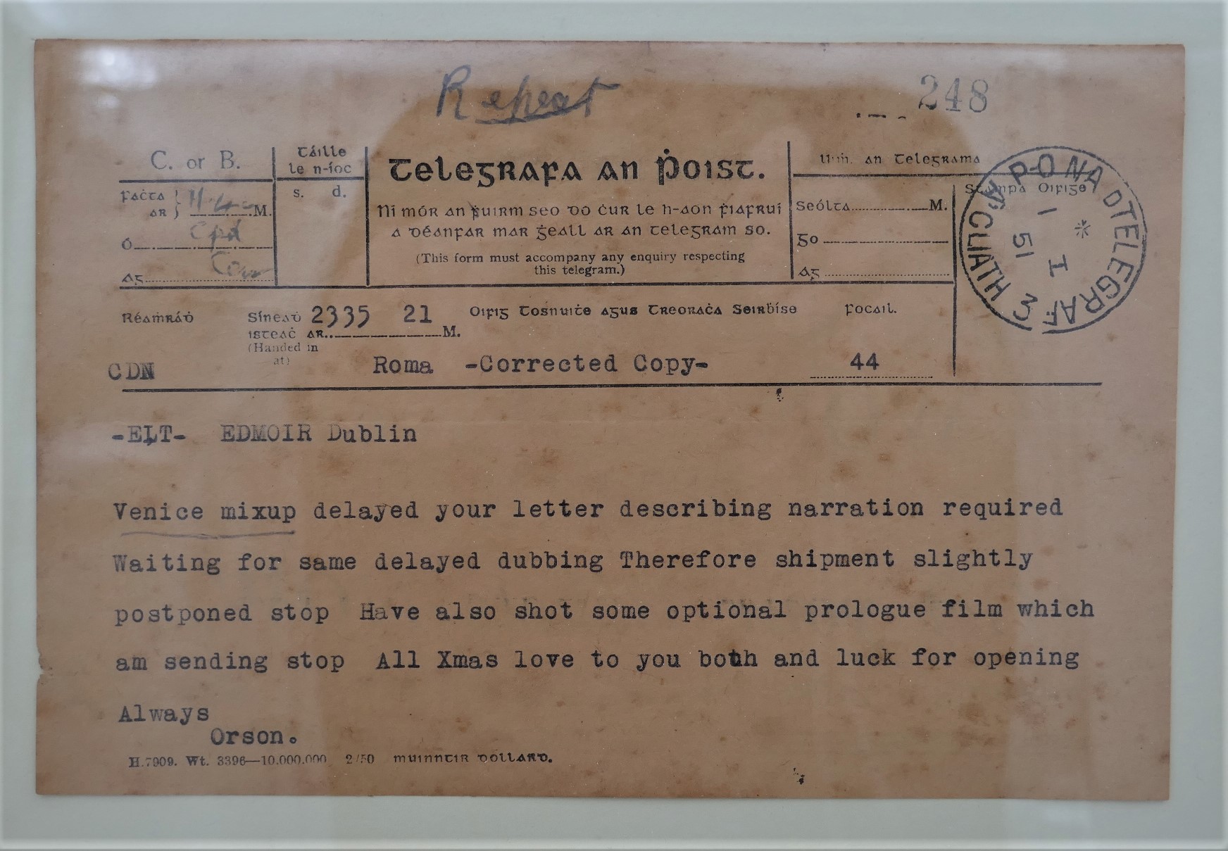Telegram From Orson Welles to Hilton Edwards and Micheál MacLiammoir (1951) - Image 2