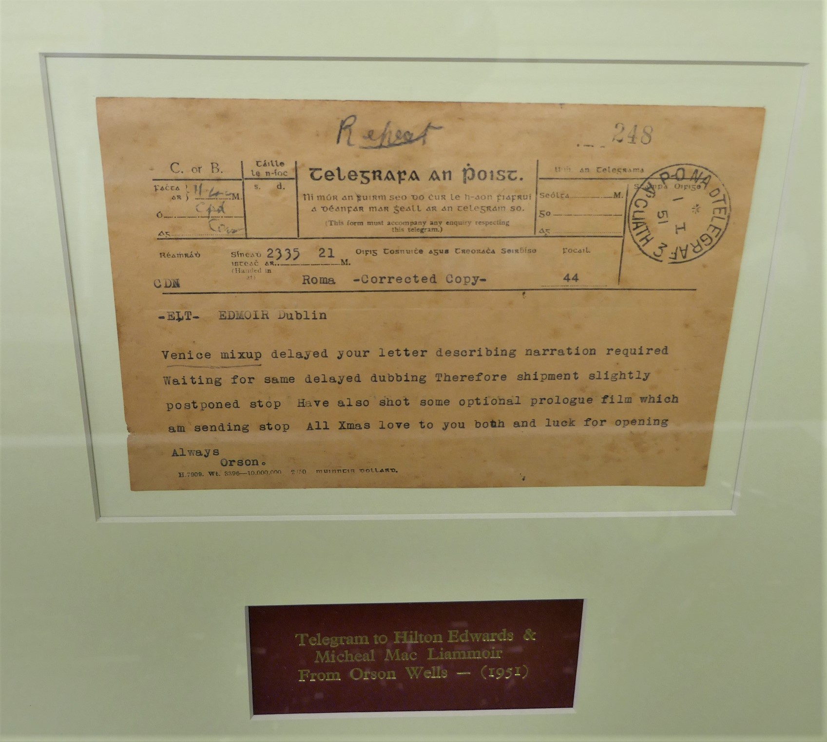 Telegram From Orson Welles to Hilton Edwards and Micheál MacLiammoir (1951) - Image 3