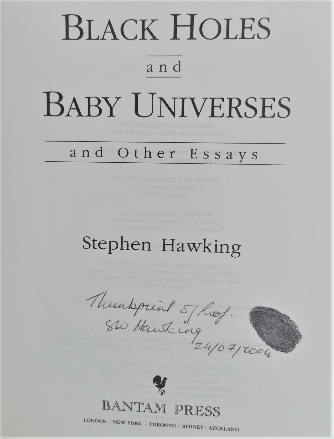 Black Holes and Baby Universes. Signed With Author's Thumb-Print (1993) - Image 3