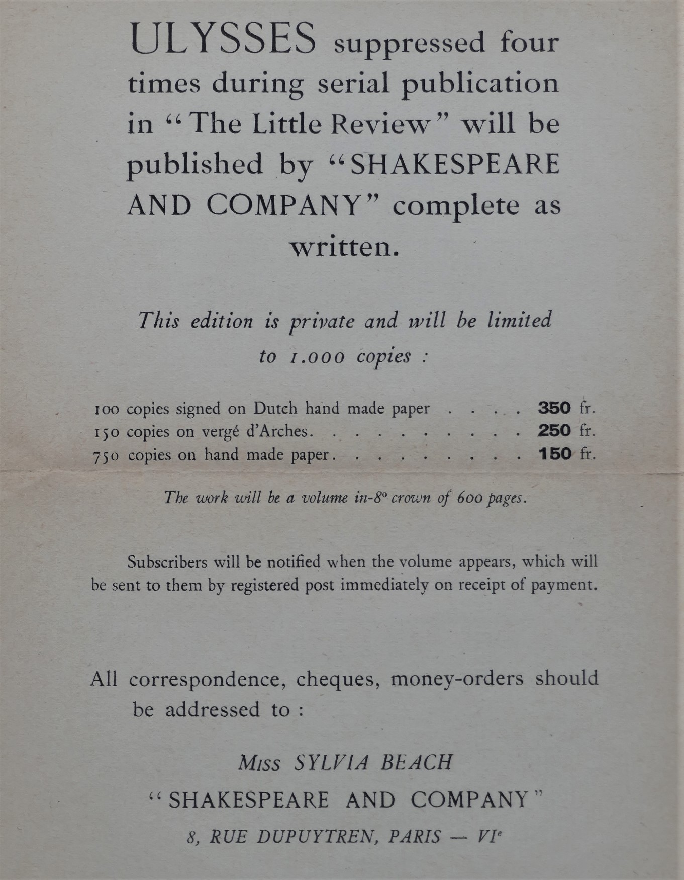 The Original Prospectus for the First Edition of 'Ulysses.' Paris (1921) - Image 5
