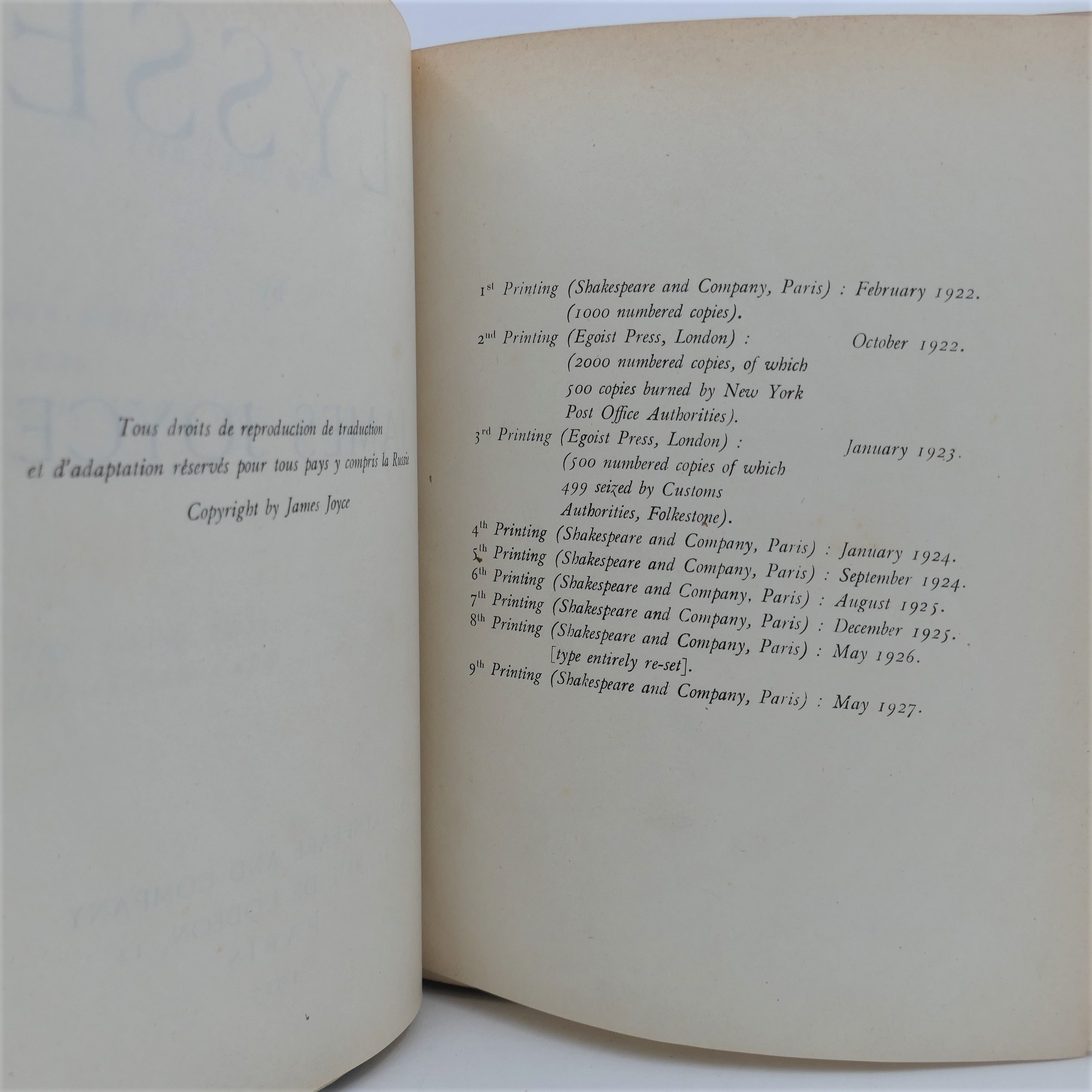 Ulysses. Paris: Shakespeare and Co. Ninth Printing (1927) - Image 5
