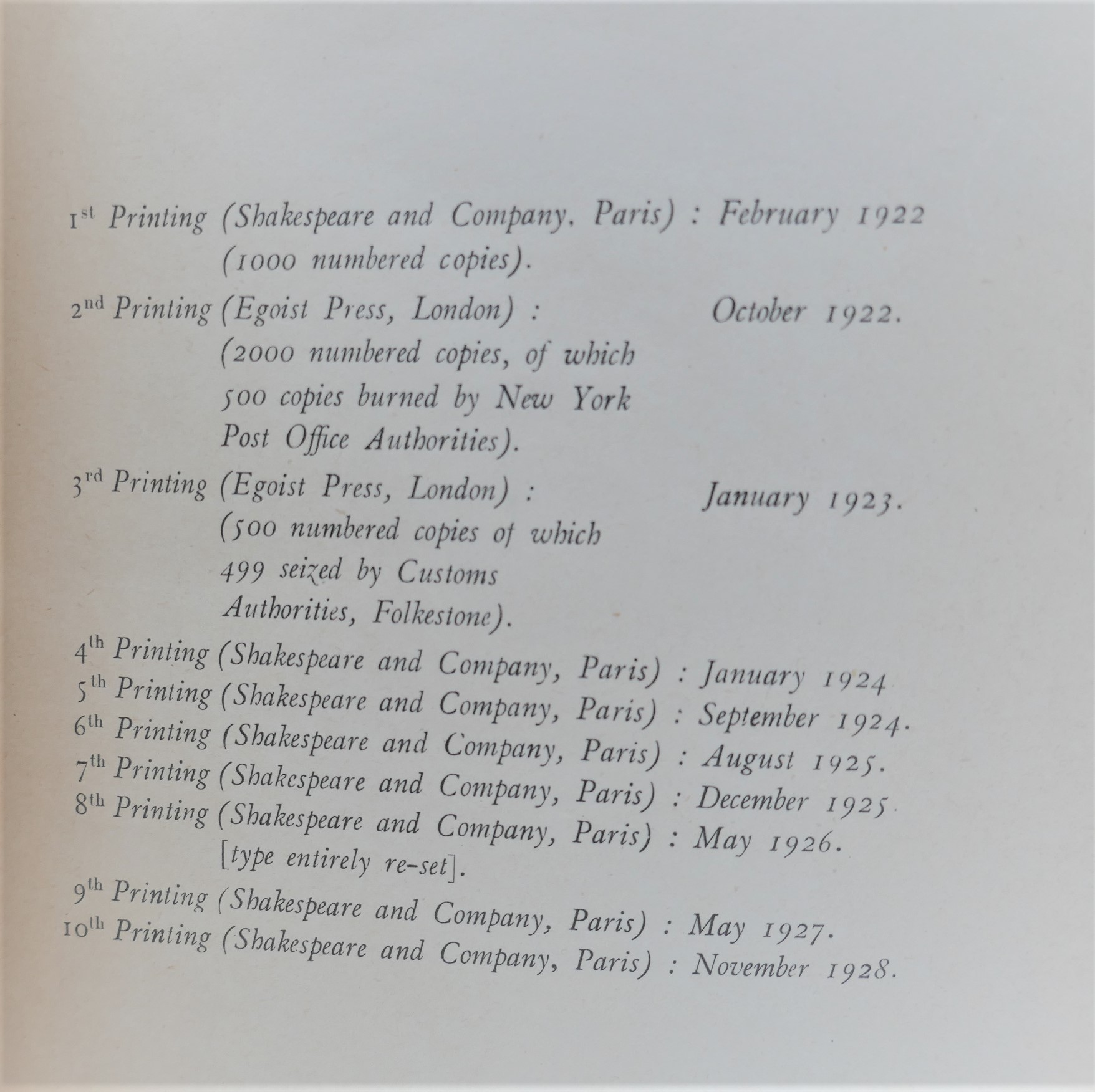 Ulysses. Paris: Shakespeare and Co. Tenth Printing (1928) - Image 5