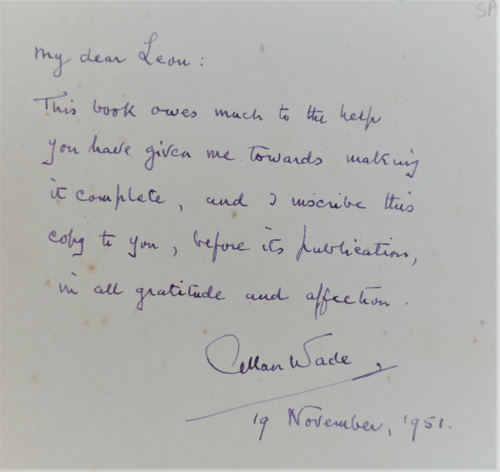 A Bibliography of the Writings of W.B. Yeats. Presentation Copy (1951) - Image 2