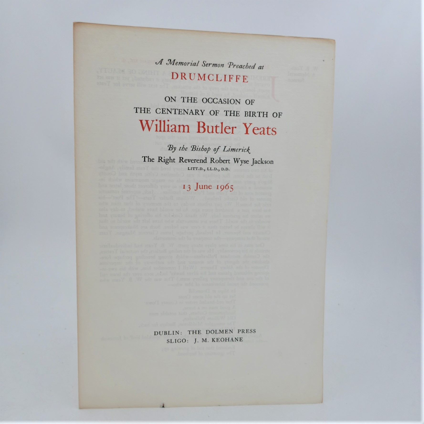 A Memorial Preached at Drumcliffe. Centenary of the Birth of William Butler Yeats (1965)