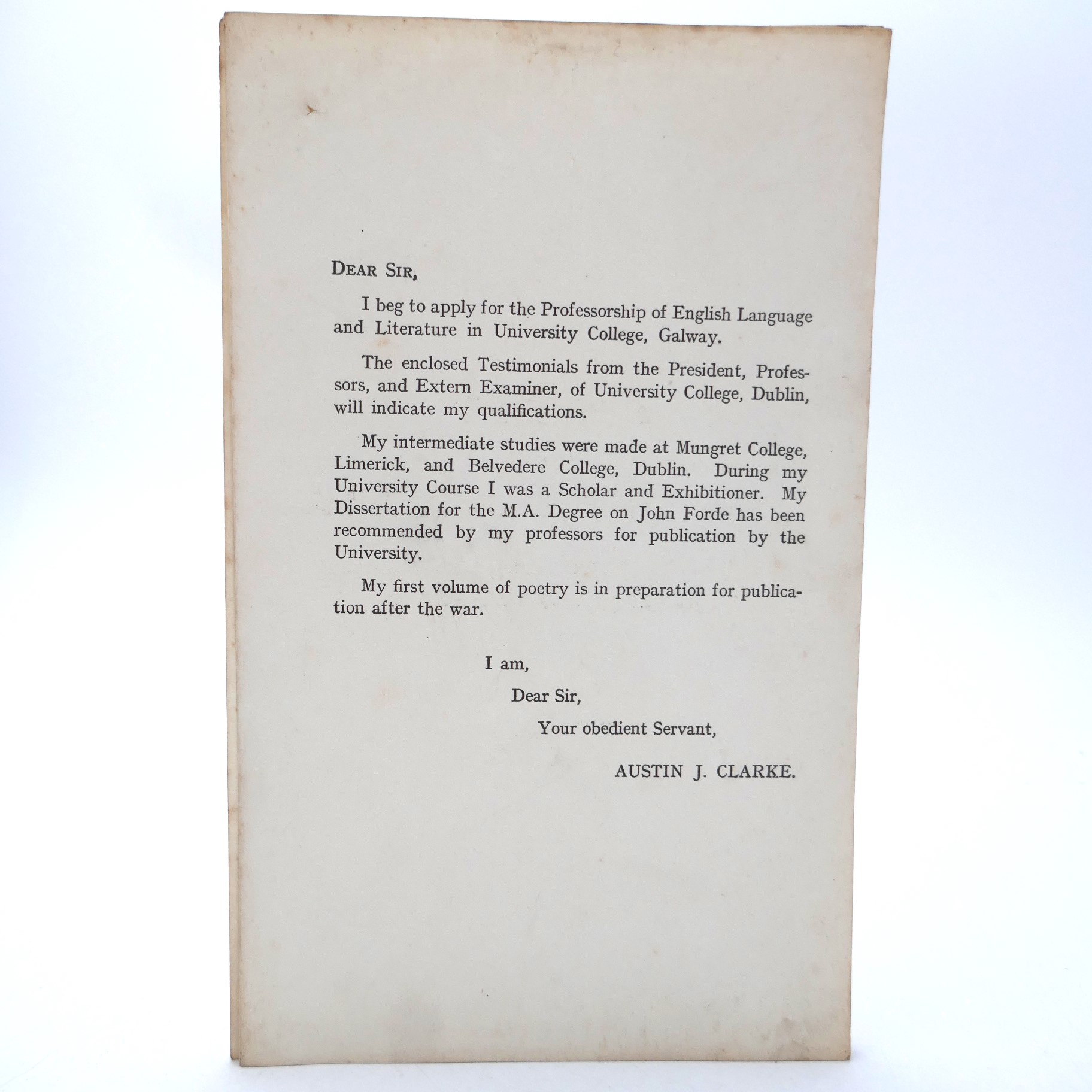 Testimonials of Austin Clarke, M.A. for Professorship of English at UCG (1917) - Image 2