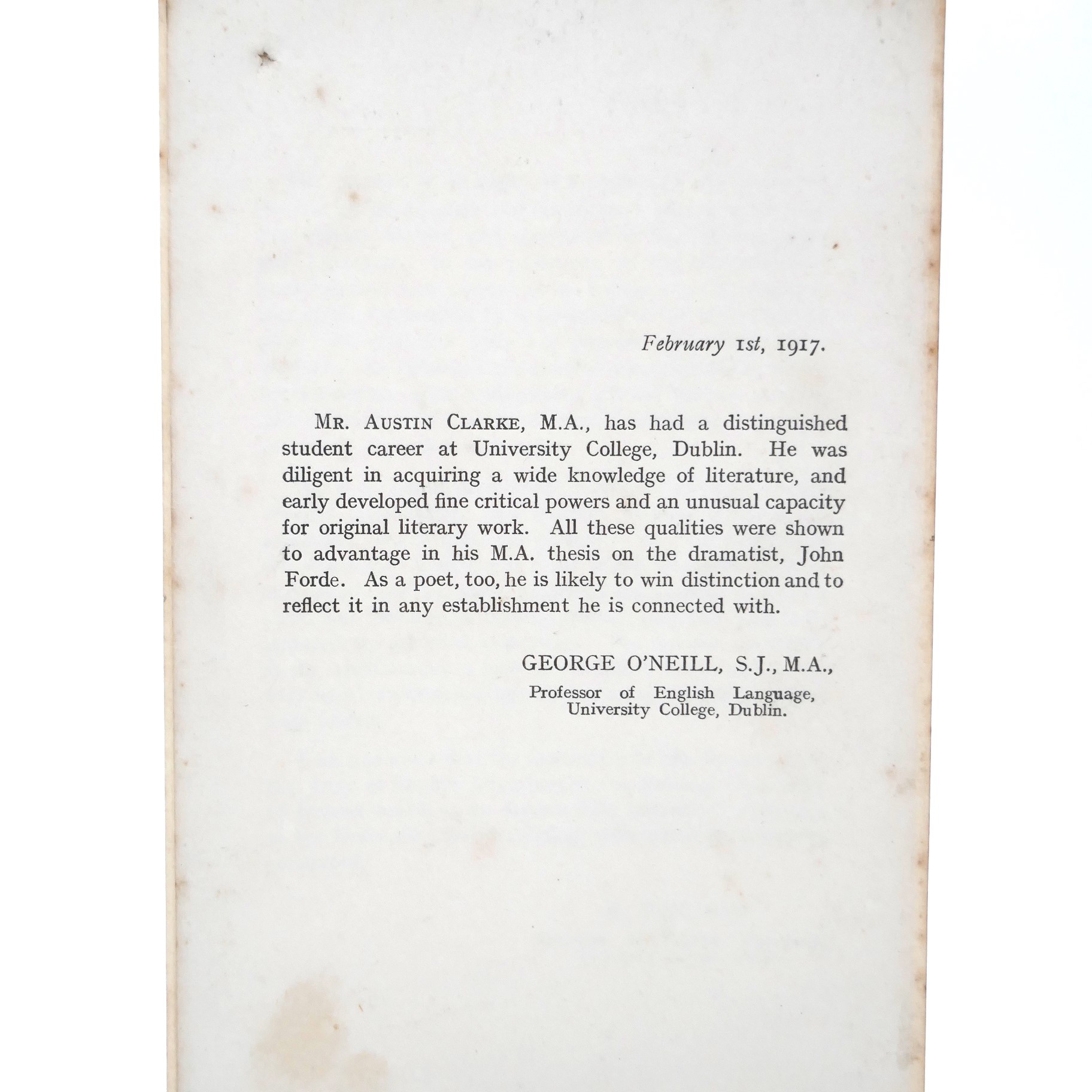 Testimonials of Austin Clarke, M.A. for Professorship of English at UCG (1917) - Image 3