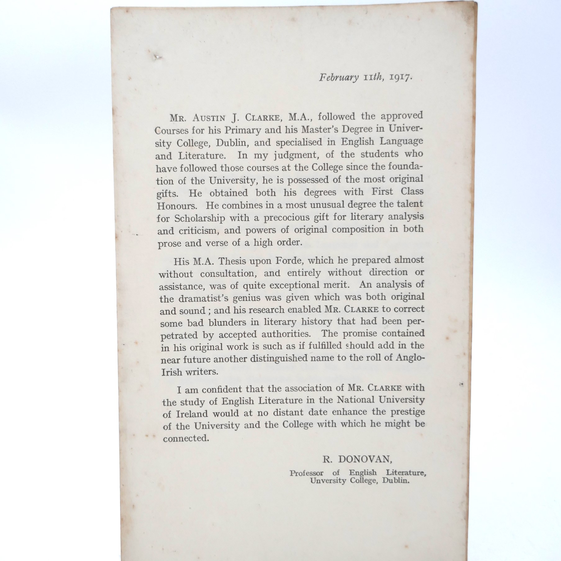 Testimonials of Austin Clarke, M.A. for Professorship of English at UCG (1917) - Image 4