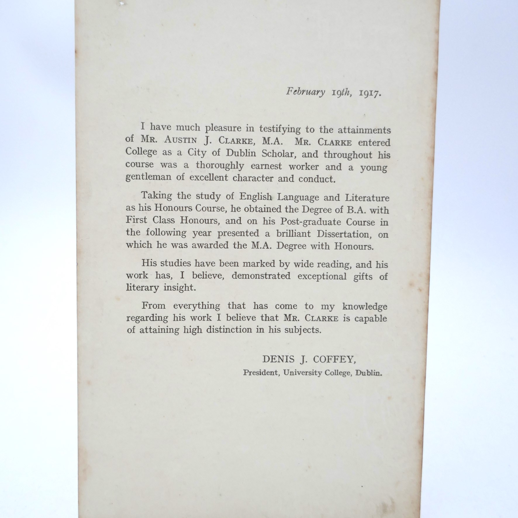 Testimonials of Austin Clarke, M.A. for Professorship of English at UCG (1917) - Image 5