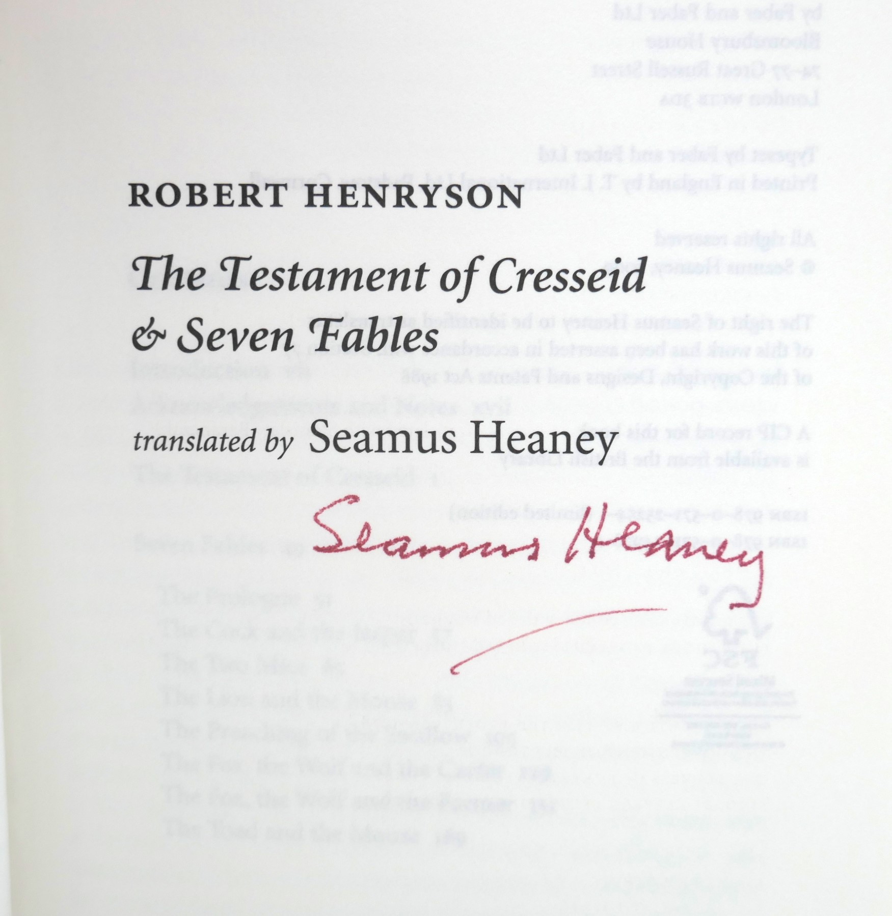 The Testament of Cresseid and Seven Fables. Signed Copy (2009) - Image 2