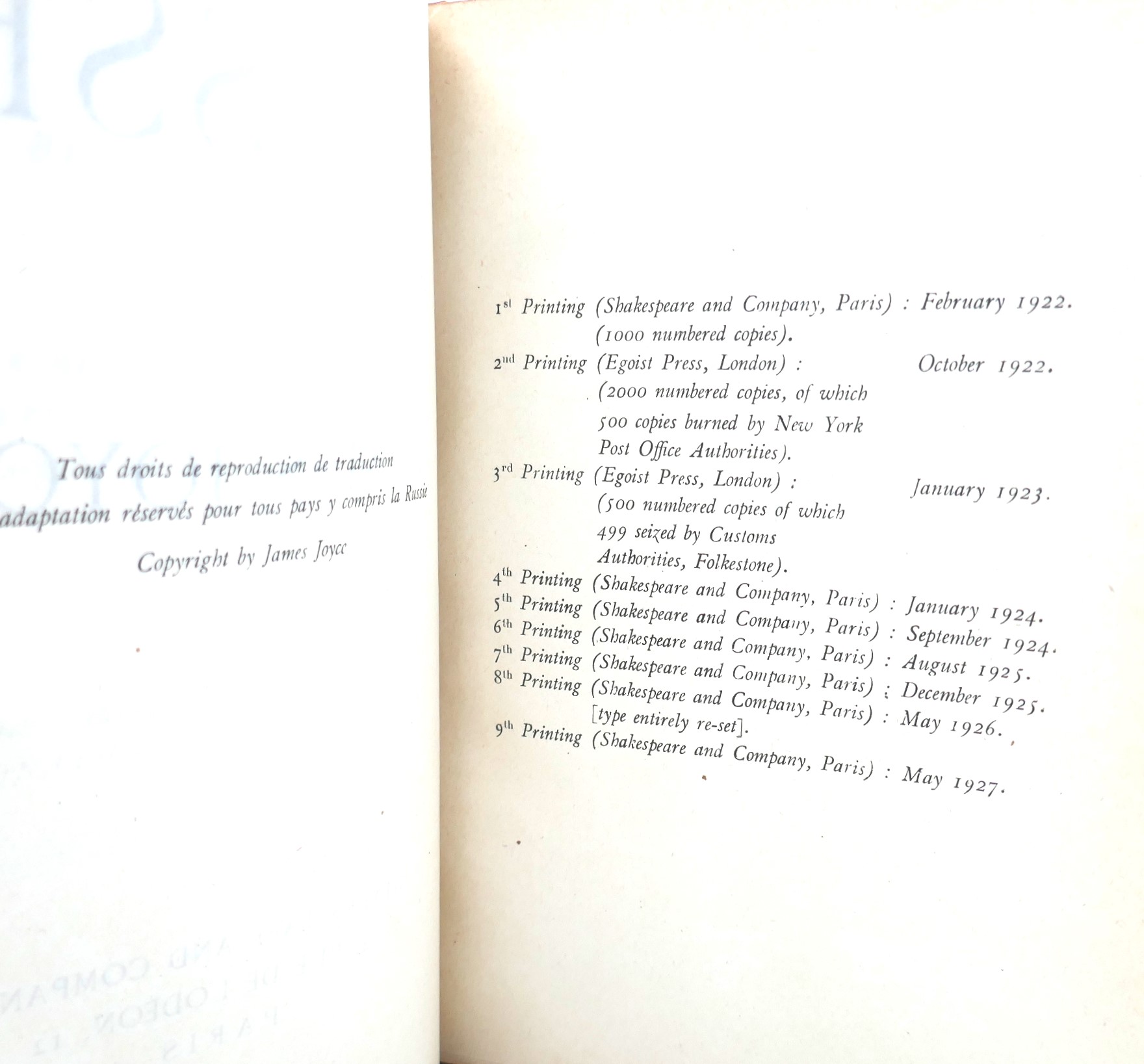 Ulysses. Paris: Shakespeare & Co. Ninth Printing (1927) - Image 6