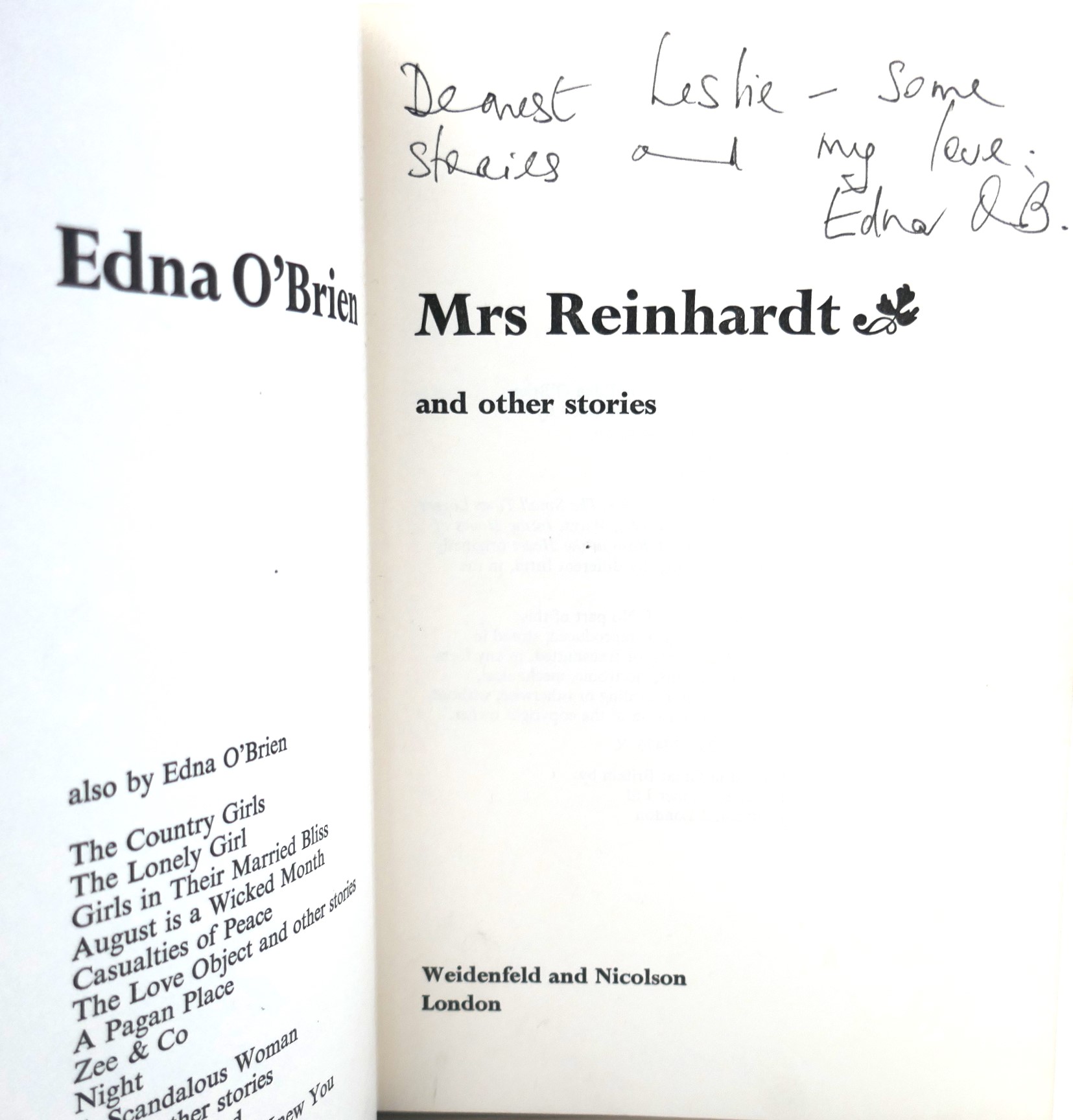 Mrs Reinhardt and other Stories. Inscribed Copy (1978) - Image 2