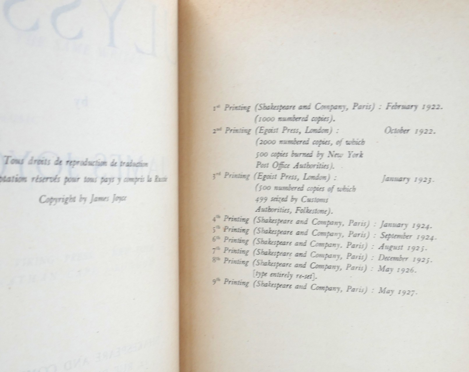 Ulysses. Ninth Printing - Paris: Shakespeare & Co., (1927) - Image 5