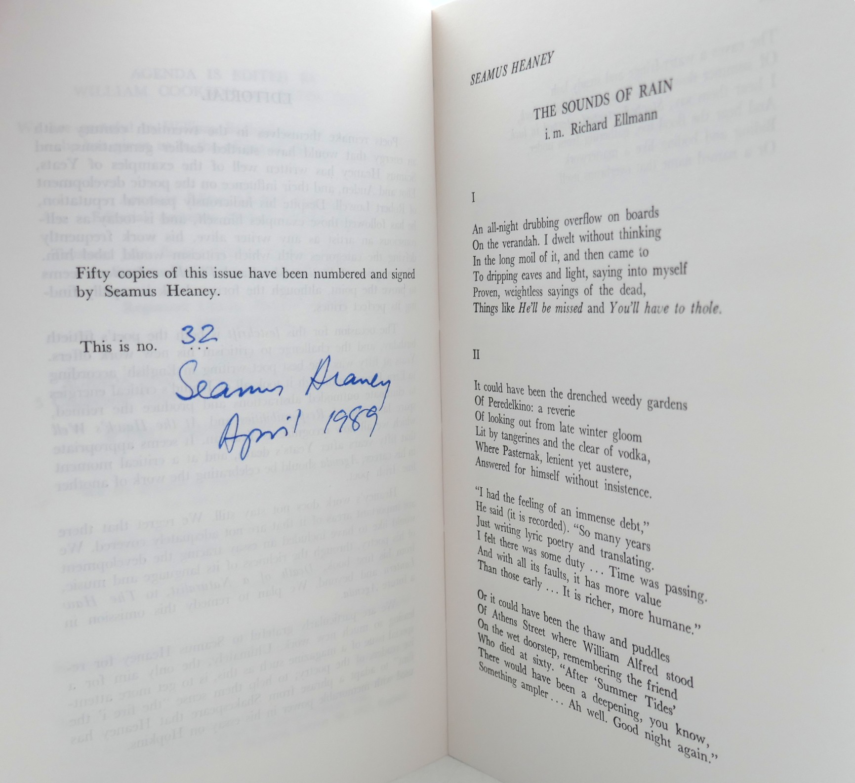 Agenda. Seamus Heaney Fiftieth Birthday Issue (1989) - Image 3